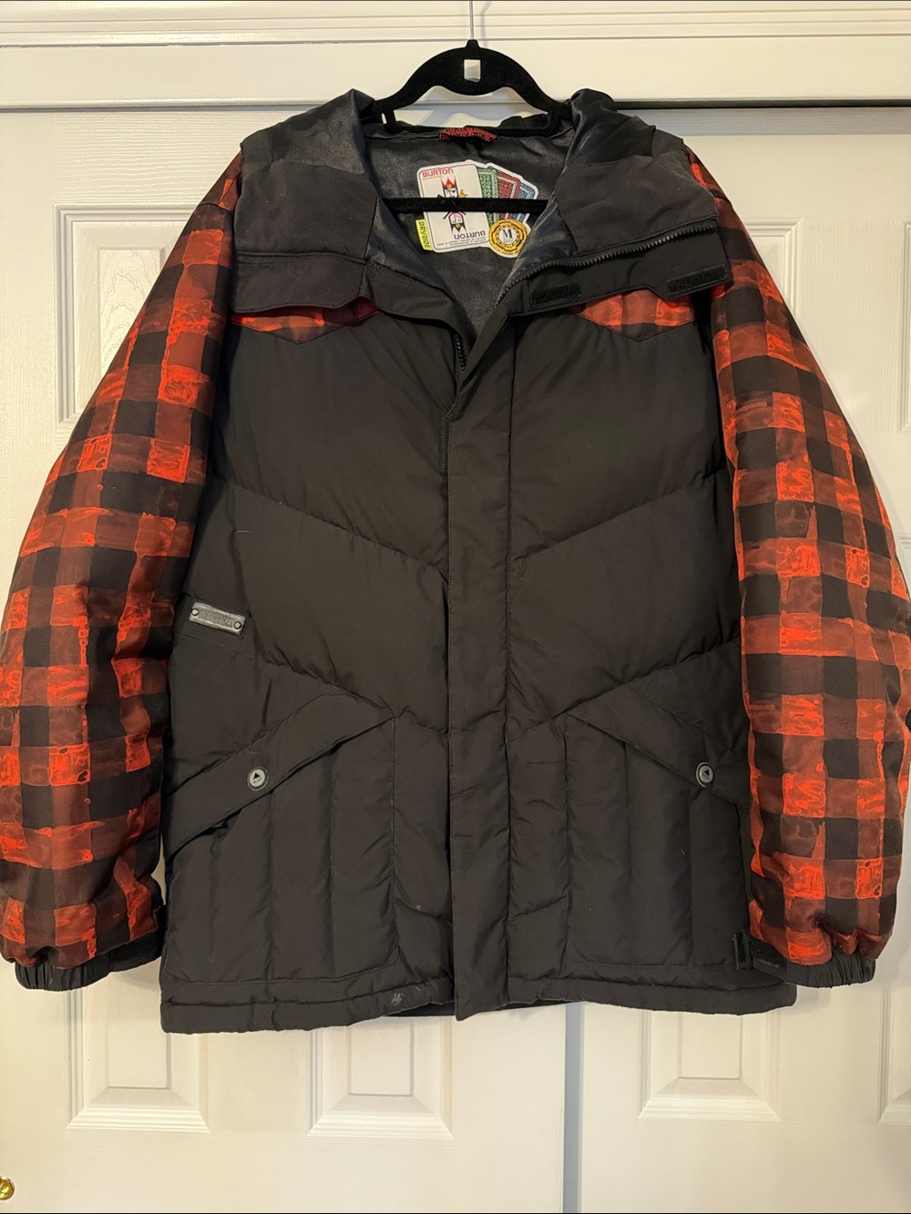 Burton Black Jacket with Red Plaid Sleeves